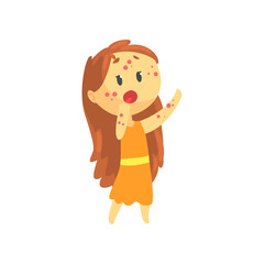 Frightened girl with long hair with rash on her body, unwell teen needing medical help cartoon character vector illustration