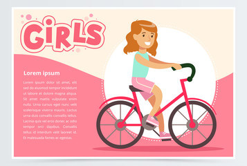 Pretty girl cycling on bicycle, girls banner flat vector element for website or mobile app