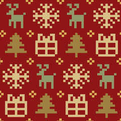 Vector knitted Christmas seamless pattern. New Year pixel endless texture. Nativity background.