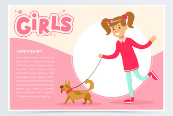 Cute beautiful girl walking with her dog, girls banner flat vector element for website or mobile app