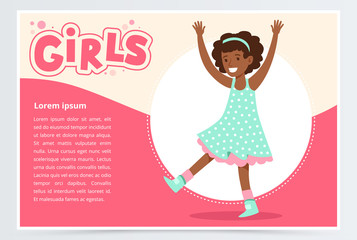 Cute happy african girl smiling, girls banner flat vector element for website or mobile app