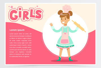 Cute smiling girl chef with rolling pin, girls banner flat vector element for website or mobile app
