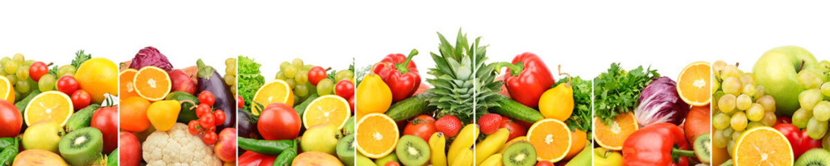 Obraz na płótnie Canvas Panoramic collection fresh fruits and vegetables isolated on white background. Wide photo .