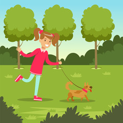 Obraz na płótnie Canvas Cute smiling girl walking with her dog in the park, kids outdoor activity vector illustration