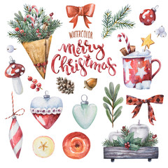 Bright watercolor Merry Christmas set of traditional decor and elements. Spices, decoration, cookies, cocoa, gifts and plants. Elements of a Christmas mood on a white background.