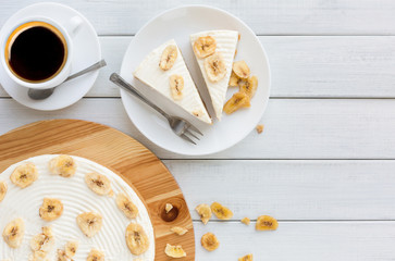 Delicious banana cake on table