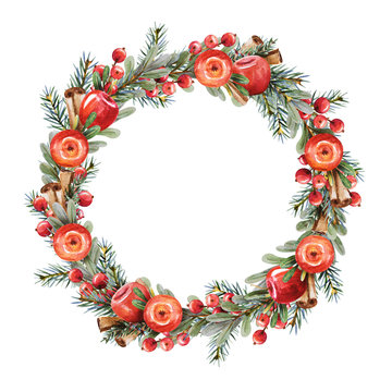 Watercolor Christmas wreath of branches boxwood and fir with red apples,  berries and cinnamon on a white background. Beautiful and bright  frame for your holiday, warm wishes and design