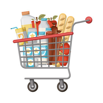 supermarket shopping cart with foods sausage and bread apples and drinks orange juice and water bottle and lacteal
