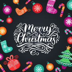 Vector ornate Merry Christmas lettering with New Year elements. Happy Holidays typography for greeting card template.