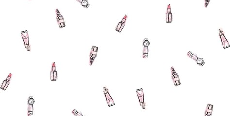 Hand drawn vector abstract textured graphic fashion chic style collection seamless pattern with girl accessories in pink pastel colors isolated on white background