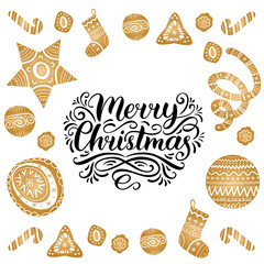 Vector ornate Merry Christmas lettering with New Year elements. Happy Holidays typography for greeting card template.