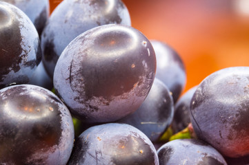 Berry blue wine grapes on a red saucer
