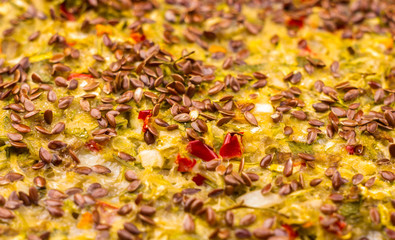 vegetable casserole with cheese, zucchini, Basil, red pepper and flax seed