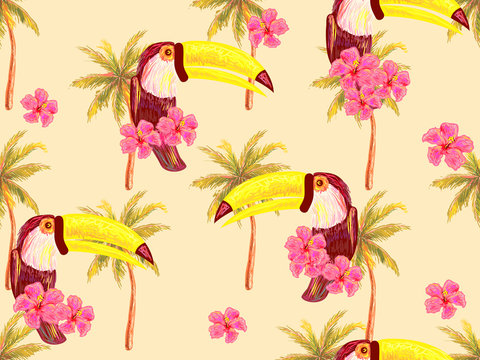 Seamless jungle pattern with toucan exotic bird, palm trees, tropical hibiscus flower vector background. Perfect for wallpapers, pattern fills, web page backgrounds, surface textures, textile