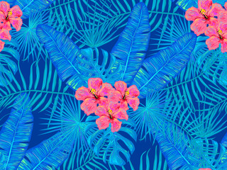 Seamless summer tropical pattern with palm leaves and exotic flowers vector background. Perfect for wallpapers, pattern fills, web page backgrounds, surface textures, textile