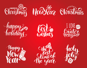 Vector handwritten Christmas and New Year calligraphy set with fest decorations.Happy Holidays,Holly Jolly etc lettering