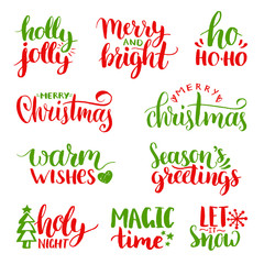 Vector handwritten Christmas and New Year calligraphy set with fest decorations.Happy Holidays,Holly Jolly etc lettering