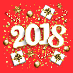 Happy new year design layout on red background with 2018. Gift box, gold confetti, stars,balls. Vector illustration