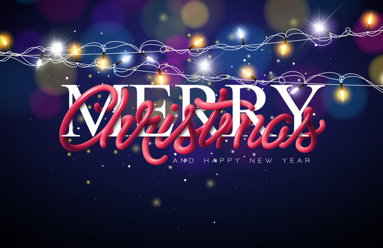 Merry Christmas Illustration with Intertwined Tube Typography Design and Lighting Garland on Shiny Blue Background. Vector Holiday EPS 10 design.