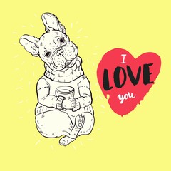 Postcard with a cute bulldog. I love you. Vector illustration.