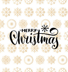 Vector Merry Christmas lettering design on snowflakes background. New Year seamless pattern for greeting card.