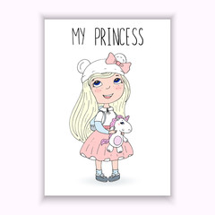 My princess card. Cute hand drawn with cute little princess . rintable template
