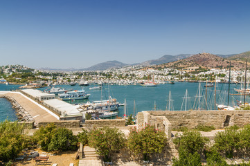 Sunny view of harbour from Castle of St. Peter, Bodrum, Mugla province, Turkey.