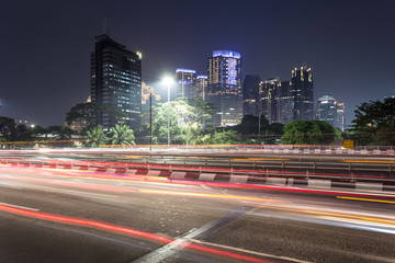 Fototapeta na wymiar Traffic night rush in Jakarta, Indonesia capital city.