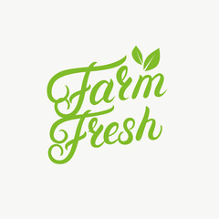 Farm Fresh hand written lettering logo, label, badge, emblem with leaves.