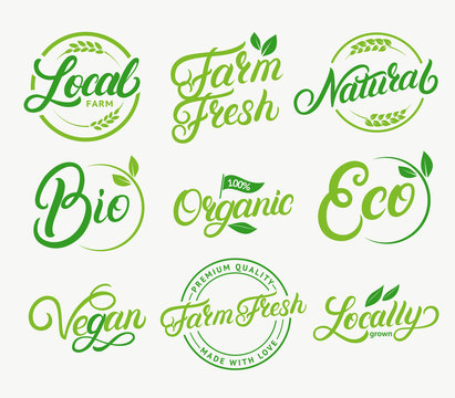 Set of organic, local farm, farm fresh, natural product, bio, vegan hand written lettering logos, labels, badges, emblems.
