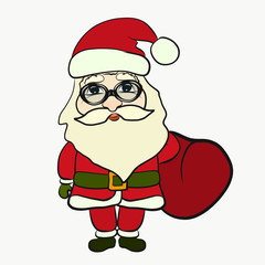Funny Santa Claus with glasses, with a bag of gifts