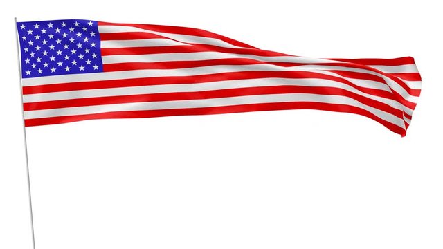 Long national flag of United States of America on flagpole flying and waving in the wind, surrender flag, 3D animation with luma matte alpha channel included