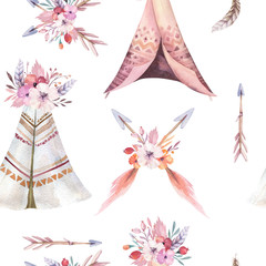 Hand drawn watercolor tribal teepee seamless pattern, Boho America traditional native ornament wigwam patterns. Indian bohemian decoration tee-pee with arrows and feathers.