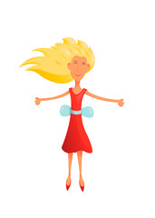 Happy woman in a red dress is jumping. Illustration, isolated on white background. Jumping woman. Happy woman smiling