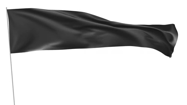 Long blank plain black flag on flagpole flying and waving in the wind, surrender flag, 3D animation with luma matte alpha channel included