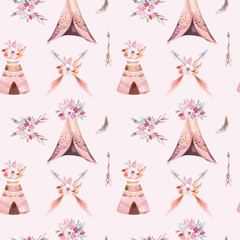 Hand drawn watercolor tribal teepee seamless pattern, Boho America traditional native ornament wigwam patterns. Indian bohemian decoration tee-pee with arrows and feathers. © kris_art