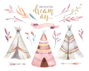 Hand drawn watercolor tribal teepee, isolated campsite tent. Boho America traditional native ornament wigwam. Indian bohemian decoration tee-pee with arrows and feathers. © kris_art