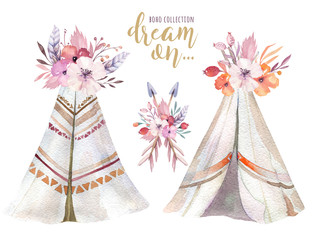 Hand drawn watercolor tribal teepee, isolated campsite tent. Boho America traditional native ornament wigwam. Indian bohemian decoration tee-pee with arrows and feathers.