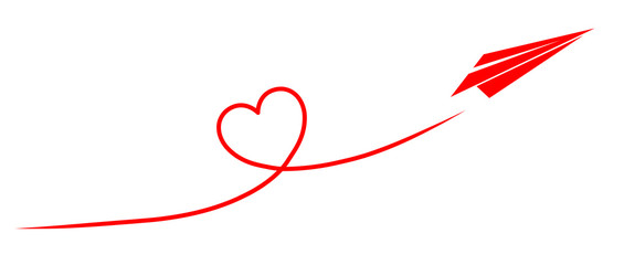 Papierflugzeug fliegt ein Kondesstreifen-Herz / Vektor, rot, freigestellt