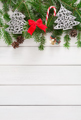 Christmas decoration, ornaments and garland frame background