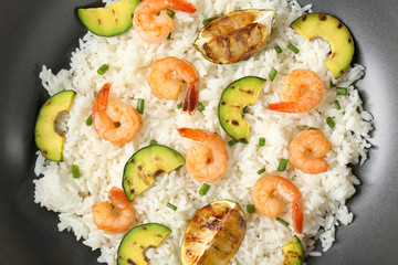 Delicious shrimp fried rice, closeup