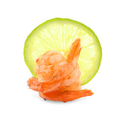 Delicious grilled shrimps on white background
