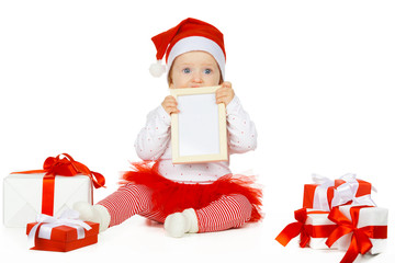baby girl and gift isolated on white