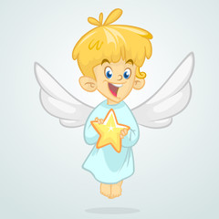 Cute happy Christmas angel character. Vector illustration isolated. Design for print, poster, sticker, greeting card or invitation