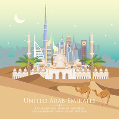 Obraz premium Wektor plakat podróżny z Zjednoczonych Emiratów Arabskich. Szablon ZEA z nowoczesnymi budynkami i meczetem w jasnym stylu.