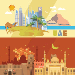 Obraz premium Vector travel poster of United Arab Emirates . UAE template with modern buildings and mosque in light style.