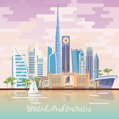 Fototapeta premium Vector travel poster of United Arab Emirates . UAE template with modern buildings and mosque in light style.