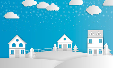 Landscape City Village with snow in winter season, paper art vector illustration.