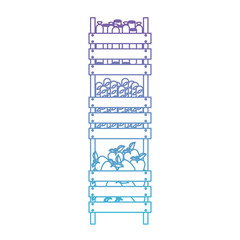 supermarket wooden shelf of three levels with sausages breads and apples in degraded purple to blue color contour