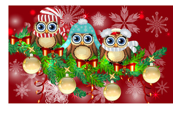 Three owls in caps, scarves, headphones on a spruce branch decorated with balls, garlands. Christmas card